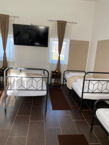 a bedroom with two beds and a flat screen tv at Ferienhaus David in Pinkafeld