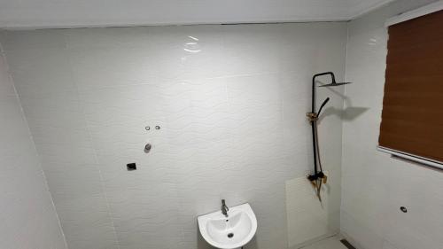 a bathroom with a toilet and a sink on the wall at Prof's Villa in Kumasi