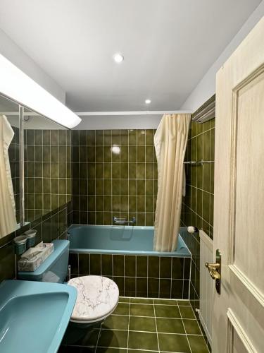 a bathroom with a blue tub and a toilet at Herrliche 3 Schlafzimmer Wohnung in Davos zentral & exklusiv in Davos