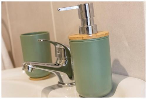 a green soap dispenser sitting on top of a sink at Ekuhlaleni Room 6 in Pretoria