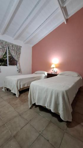 Barrio El RetazoCasa las margaritas的一间卧室，有两张床和一面粉色的墙