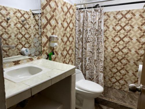a bathroom with a sink and a toilet and a shower at Apartamento Brisa Marina cómodo y accesible in Santa Marta