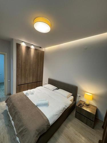 a bedroom with a large bed with a light on it at Ameri Plaza Lilu Home apartment in Tbilisi City
