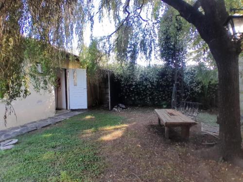 eine Holzbank unter einem Baum neben einem Gebäude in der Unterkunft Casa Las Marías in General Belgrano