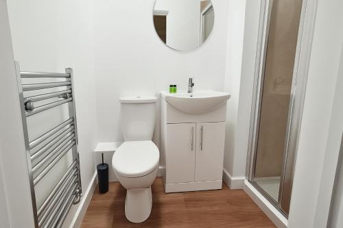 a white bathroom with a toilet and a sink at City Stays Norwich in Norwich
