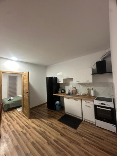 a small kitchen with a counter and a stove top oven at Świecie Apartament Biznesowy in Świecie
