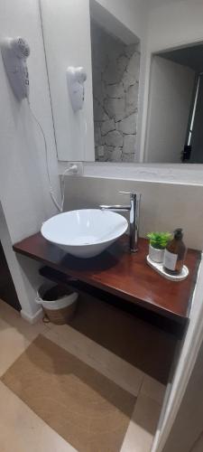 a bathroom with a white sink and a mirror at Apartmento, Punta 30 Complejo in Mar Azul