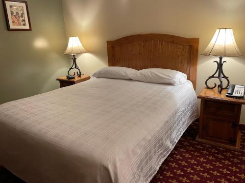 um quarto com uma cama com 2 candeeiros e um telefone em Northern Greens Resort and Conference Centre em Nipawin