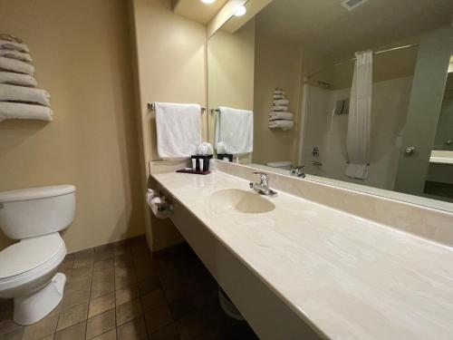 um banheiro com uma pia, um vaso sanitário e um espelho em Northern Greens Resort and Conference Centre em Nipawin