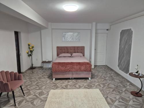 a bedroom with a bed and a table and a chair at studiou central in Târgu Jiu