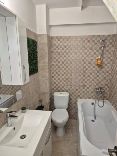 a bathroom with a toilet and a tub and a sink at studiou central in Târgu Jiu
