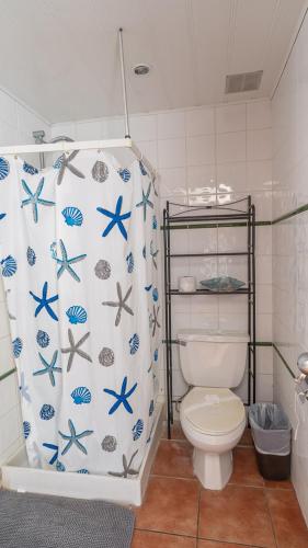 a bathroom with a toilet and a shower curtain at Pura Vida Villa! Beachfront Golf and Country Club Los Delfines 24 hours security in Tambor