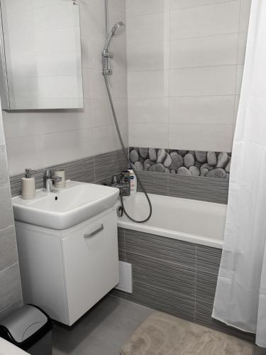 a bathroom with a sink and a shower and a tub at Luxury Avantgarden apartament in Braşov