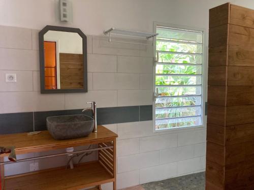 a bathroom with a sink and a mirror at Fare Panaipo in Uturoa
