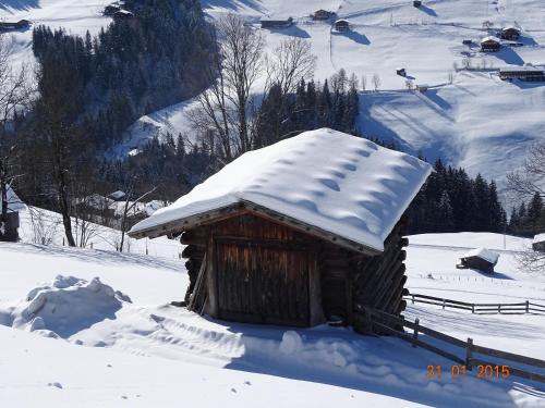 a log cabin with snow on top of it at Anna's Appartement in Alpbach