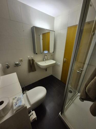 a bathroom with a toilet and a sink and a shower at Uni- und Citynahe Souterrain-Wohnung am Waldpark in Wuppertal