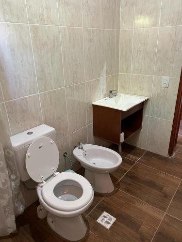 a bathroom with a toilet and a sink at Cabañas la flor in Puerto Piray