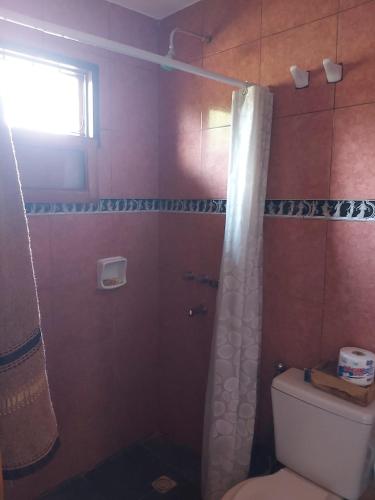 a bathroom with a toilet and a shower at DON MIGUEL DEPARTAMENTOS in Puerto Iguazú