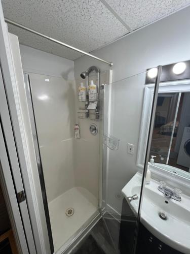 un bagno con doccia e lavandino di Cozy Escape in the City a Port Coquitlam