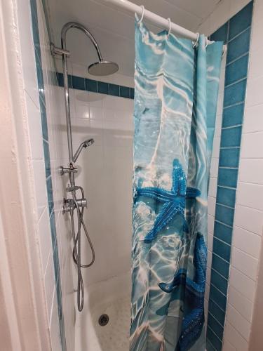 勒迪亚芒Pause tropicale的浴缸旁的浴室内的浴帘