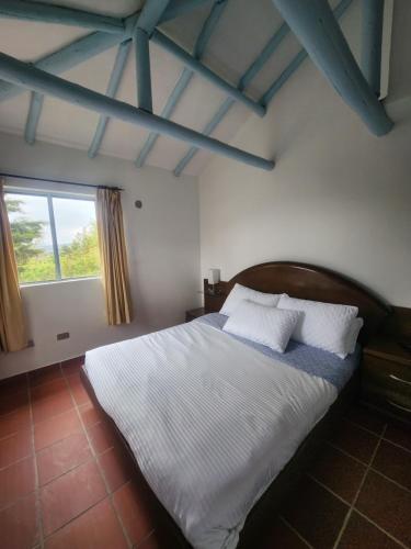 莱瓦镇Hotel Posada Santa María Villa de Leyva的卧室里有一张铺着白色床单的床和一扇窗户