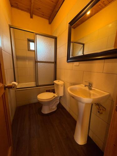 a bathroom with a sink and a toilet and a mirror at Cabañas Mc Chelo in Pelluhue