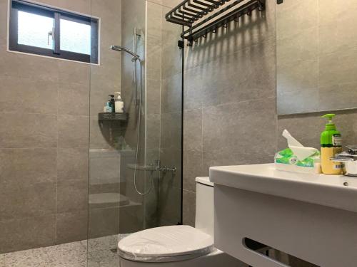 a bathroom with a shower and a toilet and a sink at 陌野輕旅民宿 in Xiulin