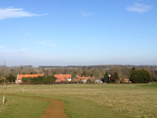 a field of grass with houses in the background at The Olde Windmill Inn in Great Cressingham