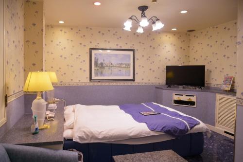 a bedroom with a bed and a tv in it at ホテル パレドフルー in Toyonaka