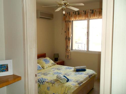 een slaapkamer met een bed en een raam bij The Paphos Pafia 2 Apartment in Paphos City