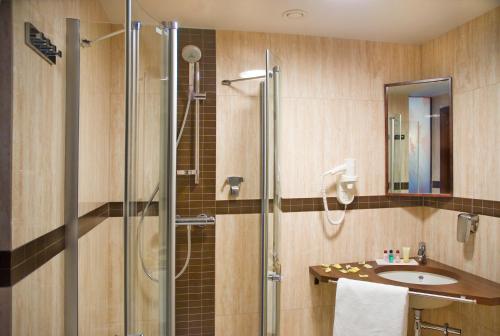 a bathroom with a shower and a sink at Hotel Admirał in Gdańsk
