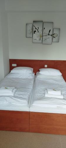 two beds with white sheets and birds on the wall at SPORT HOTEL České Budějovice in České Budějovice