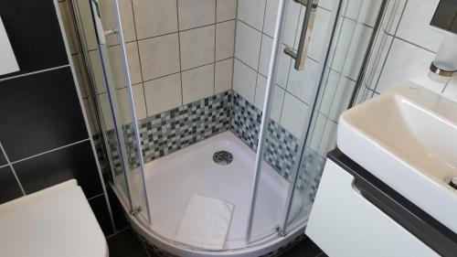 a bathroom with a shower and a sink at Hotel Exquisite in Bobenheim am Berg