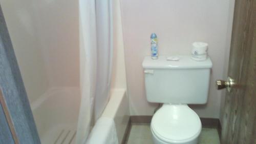 a bathroom with a toilet and a bath tub at Mountain Country Motor Inn in Branson West