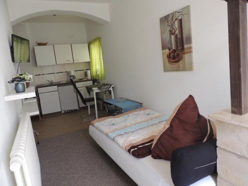 a living room with a couch and a kitchen at Ferienwohnungen am Hauptplatz in Pirna