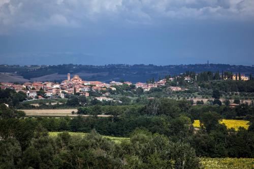 a town on a hill with trees and buildings at Agriturismo Sanguineto in Acquaviva