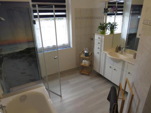 ein Badezimmer mit Dusche und Waschbecken in der Unterkunft FeWo Bergstadt Ehrenfriedersdorf in Ehrenfriedersdorf