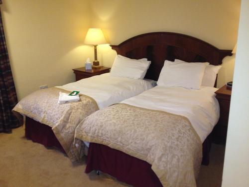 a hotel room with two beds and a lamp at The Olde Windmill Inn in Great Cressingham
