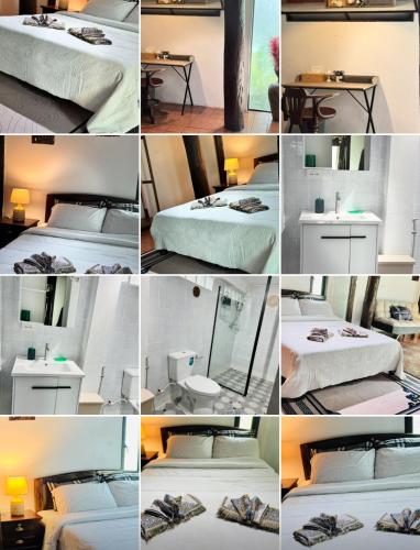 a collage of photos of a bedroom with beds and a table at Sala Homestay in Ban Mae Nai