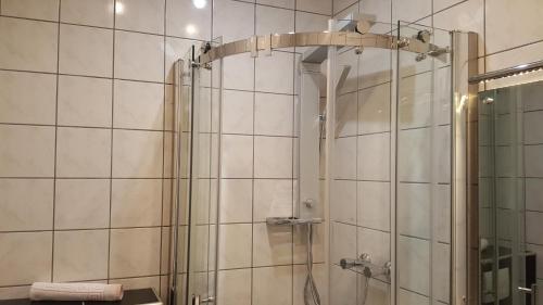 a shower with a glass door in a bathroom at Hotel Exquisite in Bobenheim am Berg