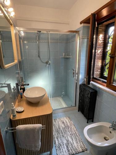 a bathroom with a shower and a sink and a tub at Villa Valentina in Bracciano