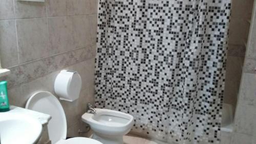 a bathroom with a toilet and a shower curtain at Hospedaje La Rana in Buenos Aires