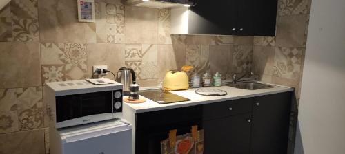 a small kitchen with a microwave and a sink at Sky Blue Marine in Catania