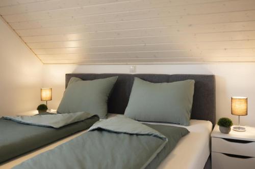 诺德霍恩Haus Norwald - tolles Ferienhaus direkt am See für bis zu 4 Personen mit Sauna und Kaminofen - Haustiere herzlich willkommen的一张沙发，配两个枕头和两盏灯