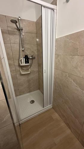 a shower with a glass door in a bathroom at Loft Plaesano in Plaesano