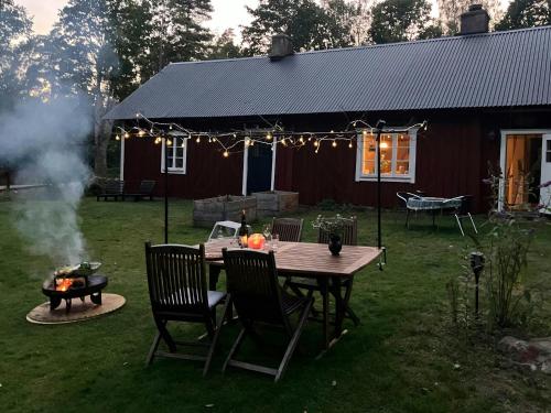 Traditional Swedish House In The Forest في ألمهولت: طاولة وكراسي في ساحة مع شواية