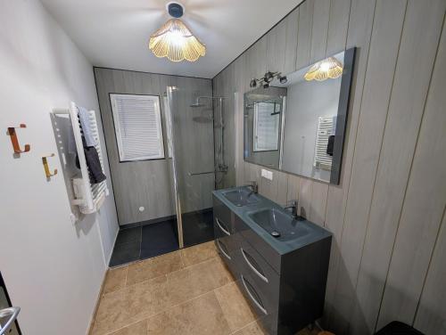 Villa Le Nid du Pont d'Arc في فالون بون دارك: حمام مع حوض ودش ومرآة