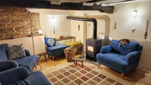 sala de estar con sofás azules y estufa de leña en Little River Guest House, en Gabrovo