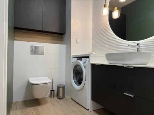 un bagno con lavatrice e lavandino di Prywatny Parking przy Starówce Apartament Logan by Rentoom a Toruń