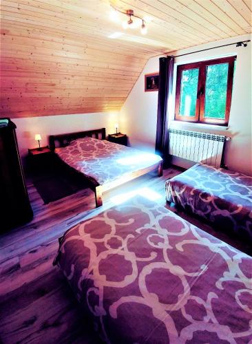 a bedroom with two beds and a rug on the floor at Chatka Bukowina in Wetlina